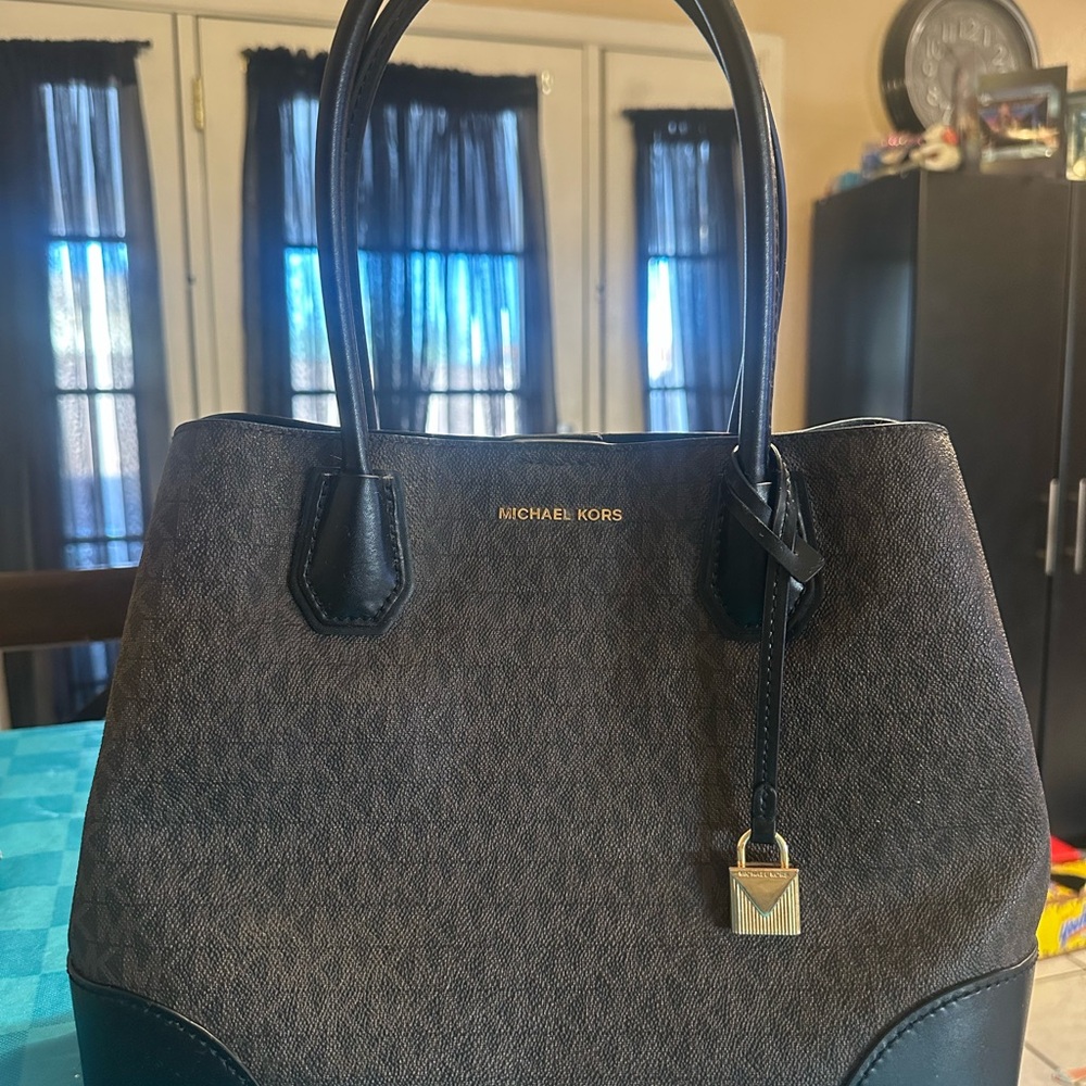 Michael Kors Brown and Black Satchel with Gold-Tone Charm